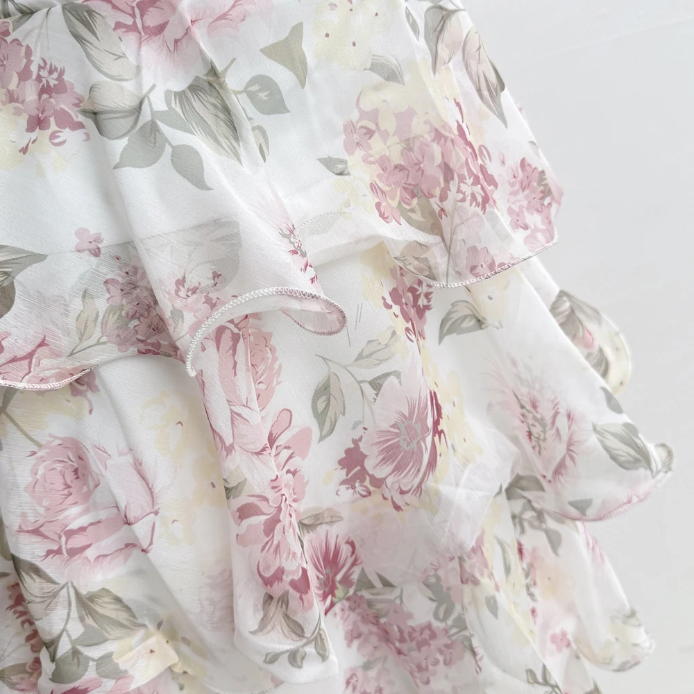Summer Vacation Floral Printed Halter Chiffon Tiered Maxi Dress for Women Sexy V-Neck Backless Lace-up Ruffles Holiday Long Dres