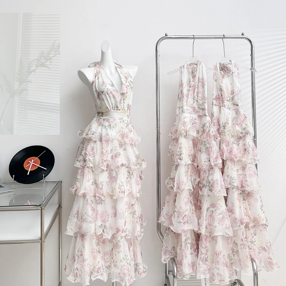Summer Vacation Floral Printed Halter Chiffon Tiered Maxi Dress for Women Sexy V-Neck Backless Lace-up Ruffles Holiday Long Dres