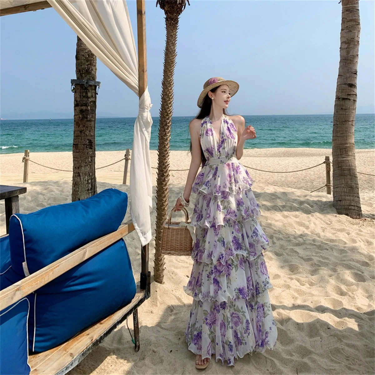 Summer Vacation Floral Printed Halter Chiffon Tiered Maxi Dress for Women Sexy V-Neck Backless Lace-up Ruffles Holiday Long Dres
