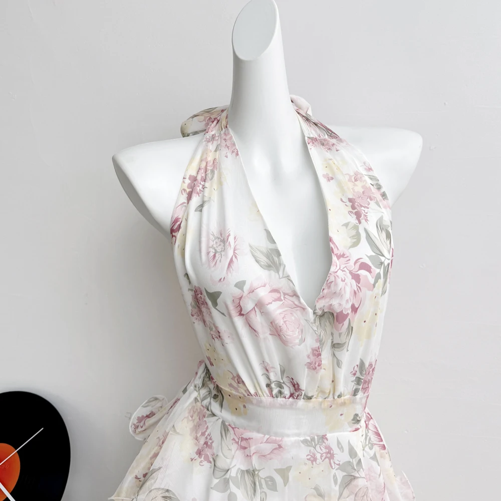 Summer Vacation Floral Printed Halter Chiffon Tiered Maxi Dress for Women Sexy V-Neck Backless Lace-up Ruffles Holiday Long Dres