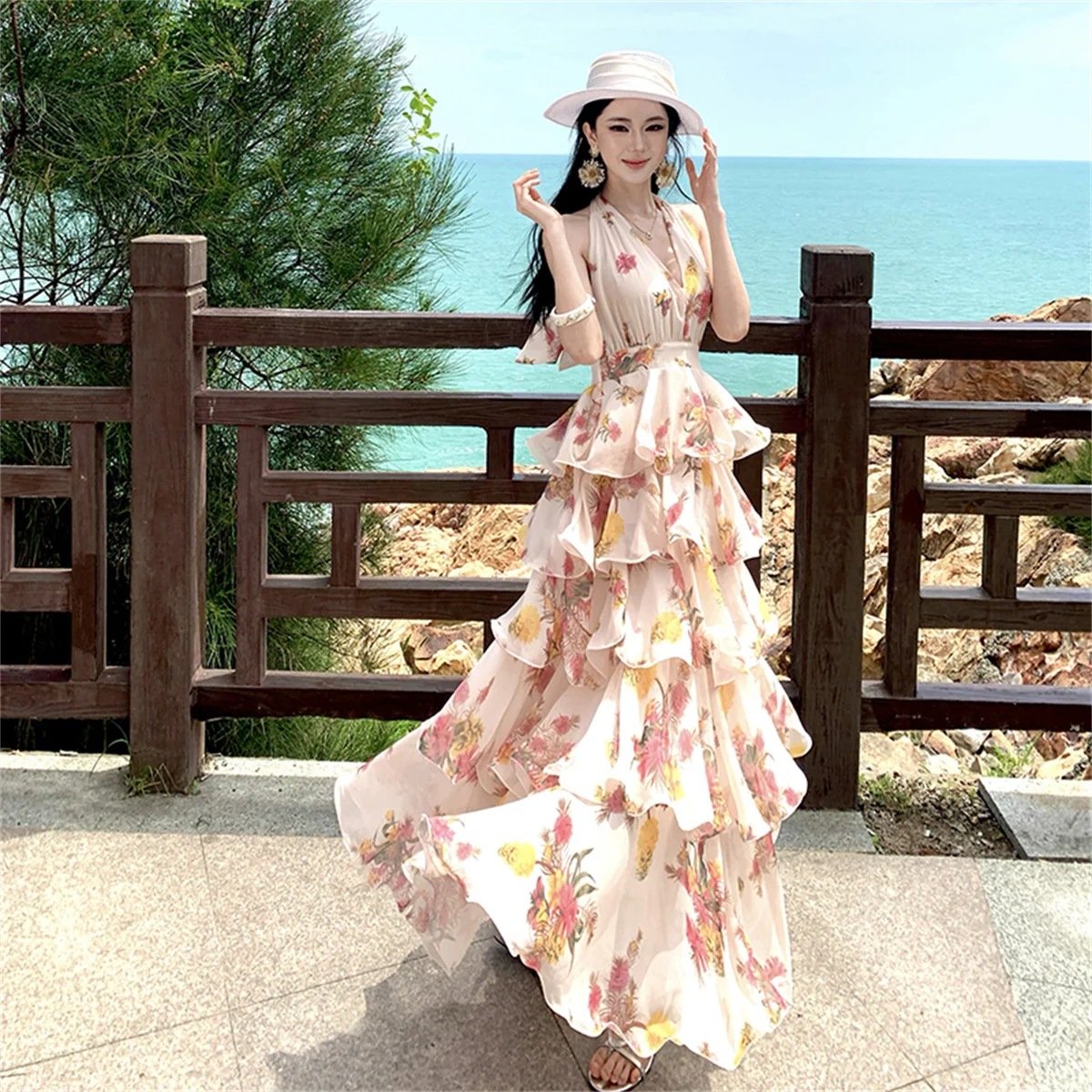 Summer Vacation Floral Printed Halter Chiffon Tiered Maxi Dress for Women Sexy V-Neck Backless Lace-up Ruffles Holiday Long Dres