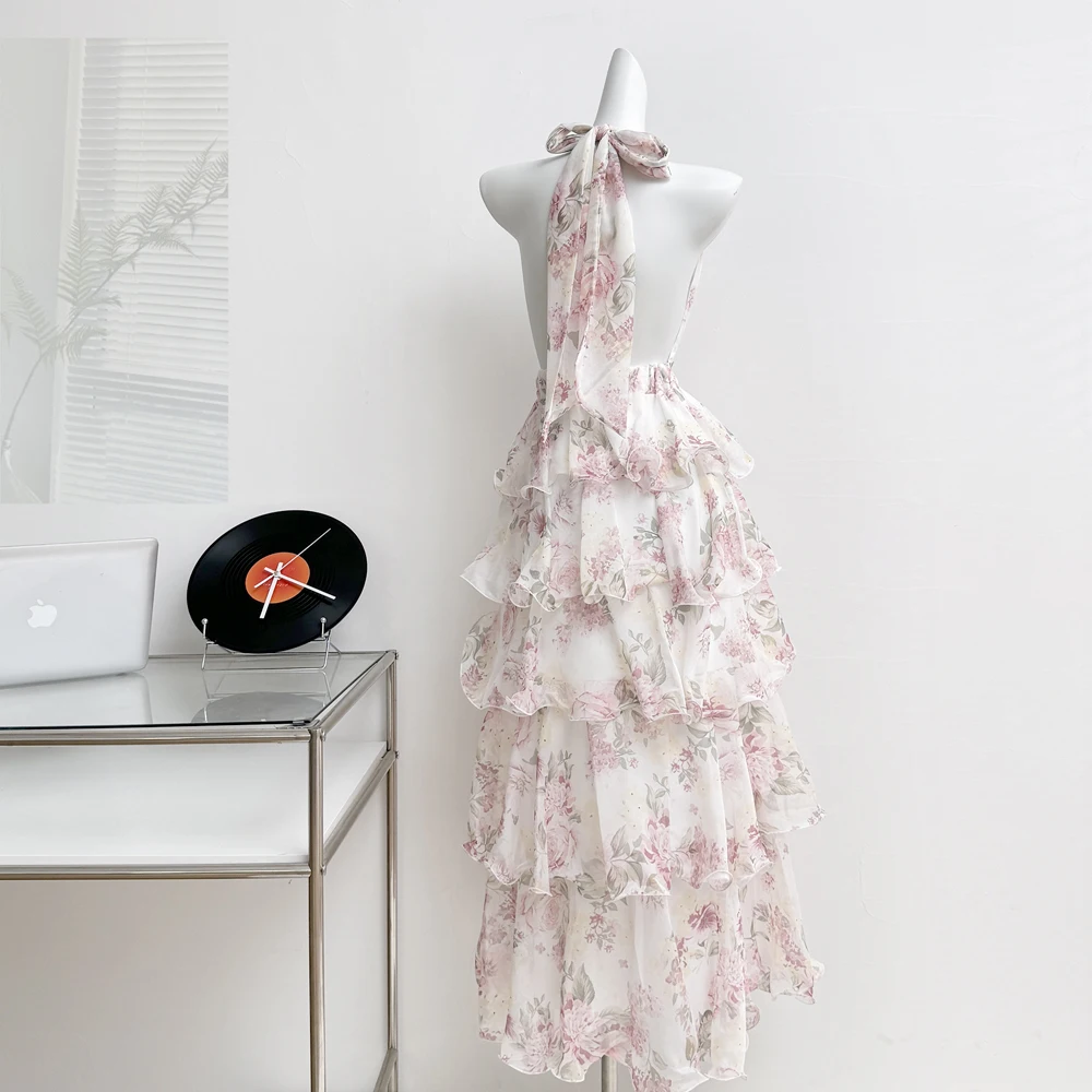 Summer Vacation Floral Printed Halter Chiffon Tiered Maxi Dress for Women Sexy V-Neck Backless Lace-up Ruffles Holiday Long Dres