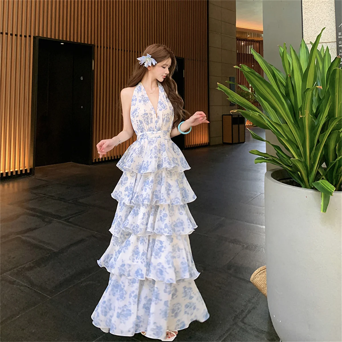 Summer Vacation Floral Printed Halter Chiffon Tiered Maxi Dress for Women Sexy V-Neck Backless Lace-up Ruffles Holiday Long Dres