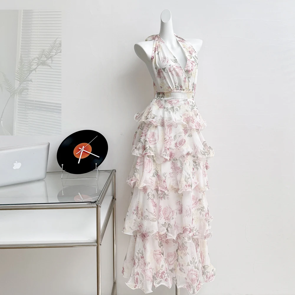 Summer Vacation Floral Printed Halter Chiffon Tiered Maxi Dress for Women Sexy V-Neck Backless Lace-up Ruffles Holiday Long Dres