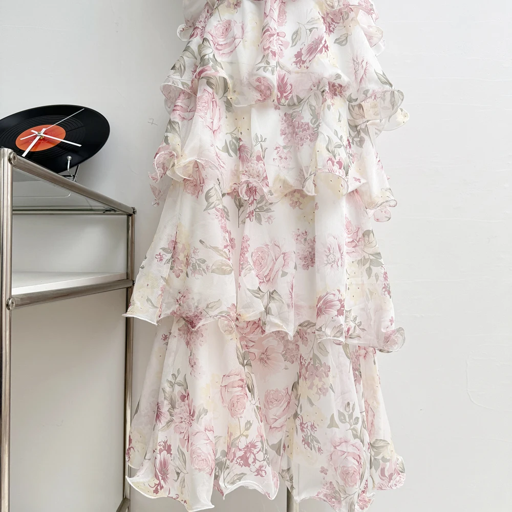 Summer Vacation Floral Printed Halter Chiffon Tiered Maxi Dress for Women Sexy V-Neck Backless Lace-up Ruffles Holiday Long Dres