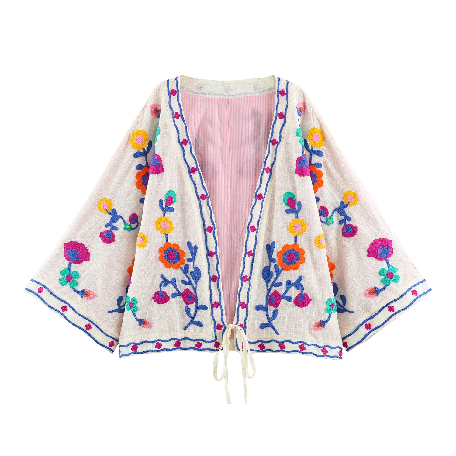KONDALA Vintage Flower Embroidery Autumn Women Coat Fashion 2026 Lace-up V-Neck High Street Chic Loose Female Elegant Outwear