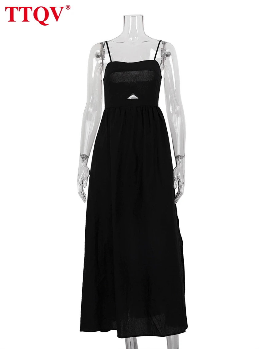 TTQV Sexy Loose Black Cotton Womens Dresses 2024 Summer Strap Sleeveless Ankle Length Dress Elegant Hollow Out Female Dress