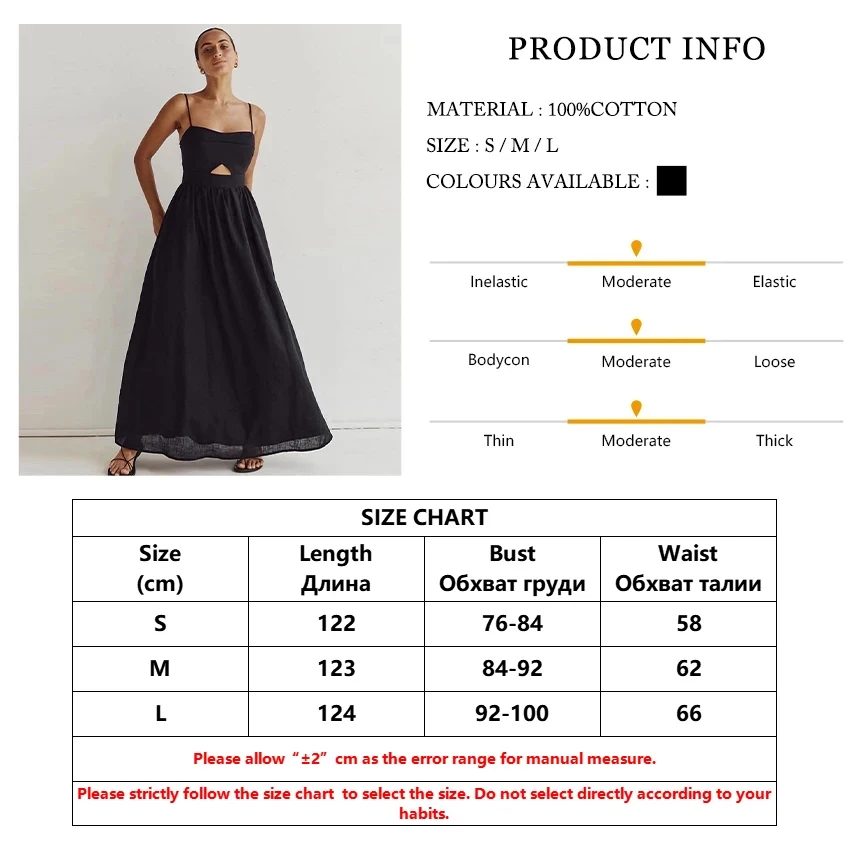 TTQV Sexy Loose Black Cotton Womens Dresses 2024 Summer Strap Sleeveless Ankle Length Dress Elegant Hollow Out Female Dress