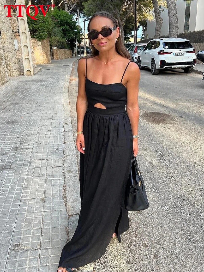 TTQV Sexy Loose Black Cotton Womens Dresses 2024 Summer Strap Sleeveless Ankle Length Dress Elegant Hollow Out Female Dress