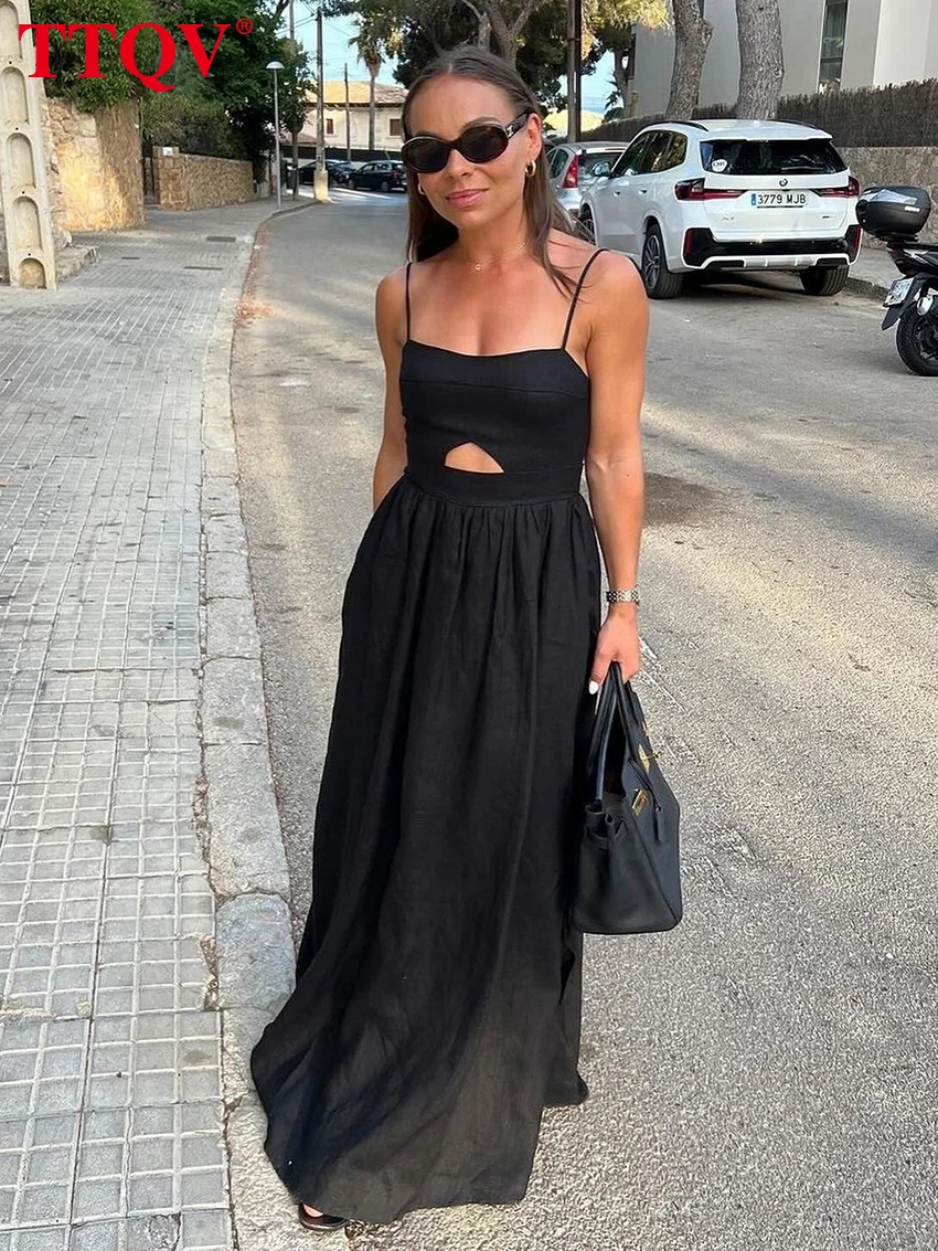 TTQV Sexy Loose Black Cotton Womens Dresses 2024 Summer Strap Sleeveless Ankle Length Dress Elegant Hollow Out Female Dress