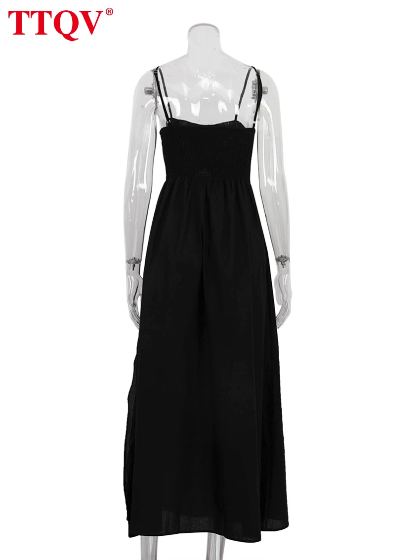 TTQV Sexy Loose Black Cotton Womens Dresses 2024 Summer Strap Sleeveless Ankle Length Dress Elegant Hollow Out Female Dress