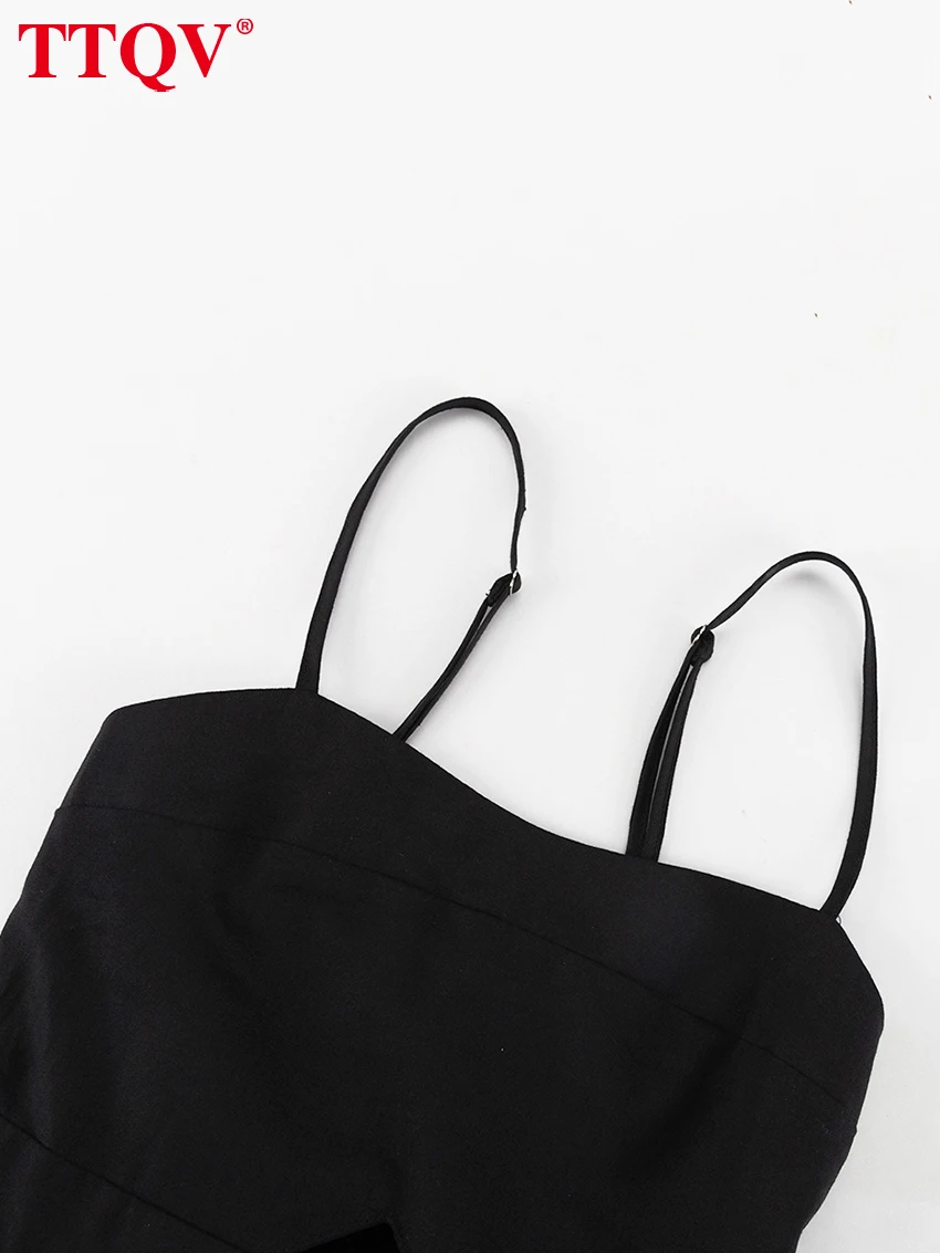 TTQV Sexy Loose Black Cotton Womens Dresses 2024 Summer Strap Sleeveless Ankle Length Dress Elegant Hollow Out Female Dress