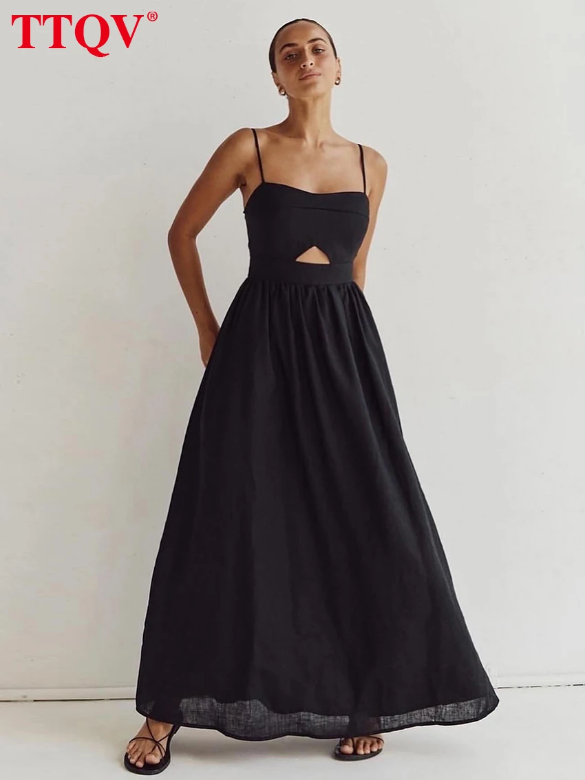 TTQV Sexy Loose Black Cotton Womens Dresses 2024 Summer Strap Sleeveless Ankle Length Dress Elegant Hollow Out Female Dress