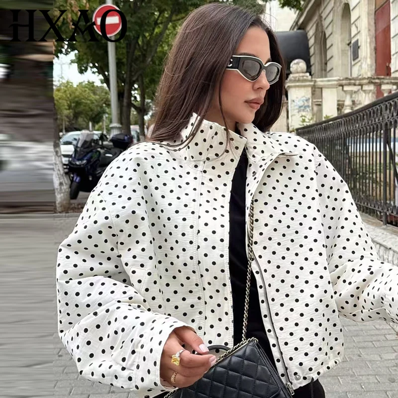 Women's Jackets Spring Autumn Thin Polka Dot Oversized Long Sleeve Outerwear Plus Size Zip Up Crop Coats