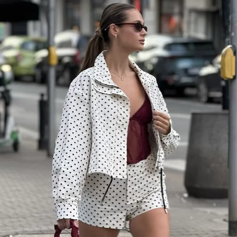 Women's Jackets Spring Autumn Thin Polka Dot Oversized Long Sleeve Outerwear Plus Size Zip Up Crop Coats