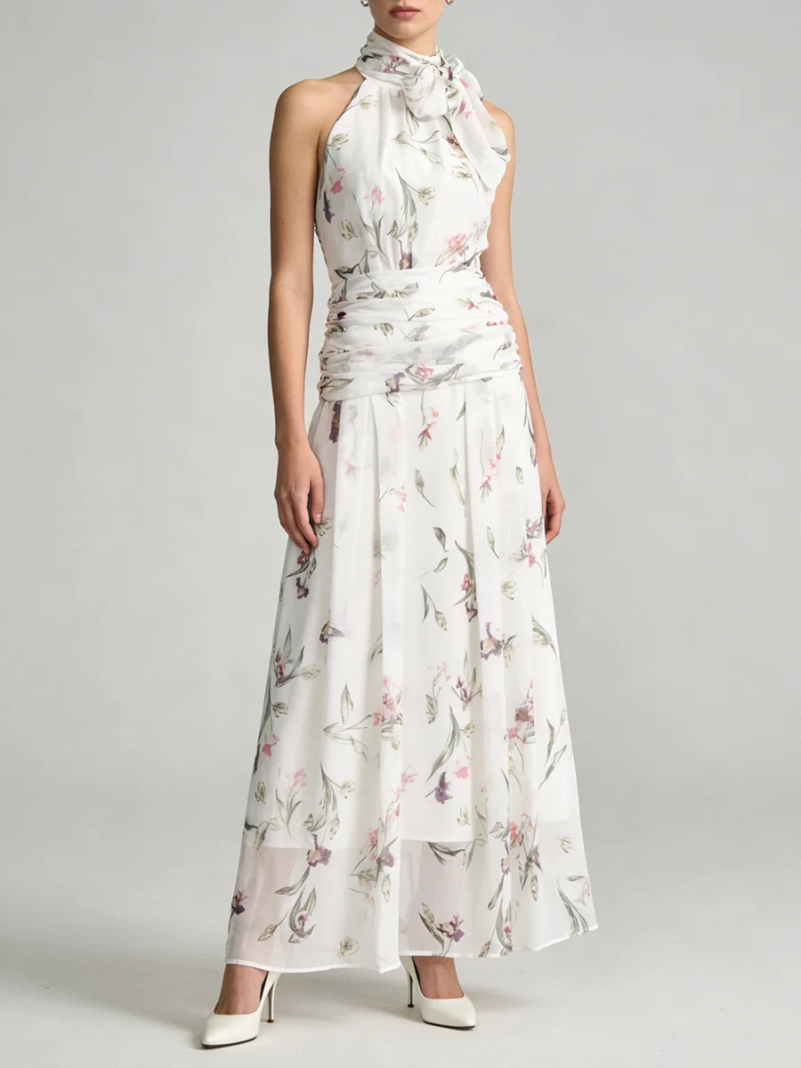 TWOTWINSTYLE Printing Slimming Spliced Bowknot Long Dress for Women High Neck Sleeveless Tunic Patchwork Folds Dresses Female