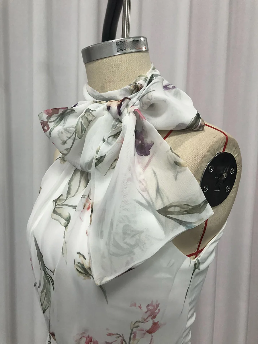 TWOTWINSTYLE Printing Slimming Spliced Bowknot Long Dress for Women High Neck Sleeveless Tunic Patchwork Folds Dresses Female