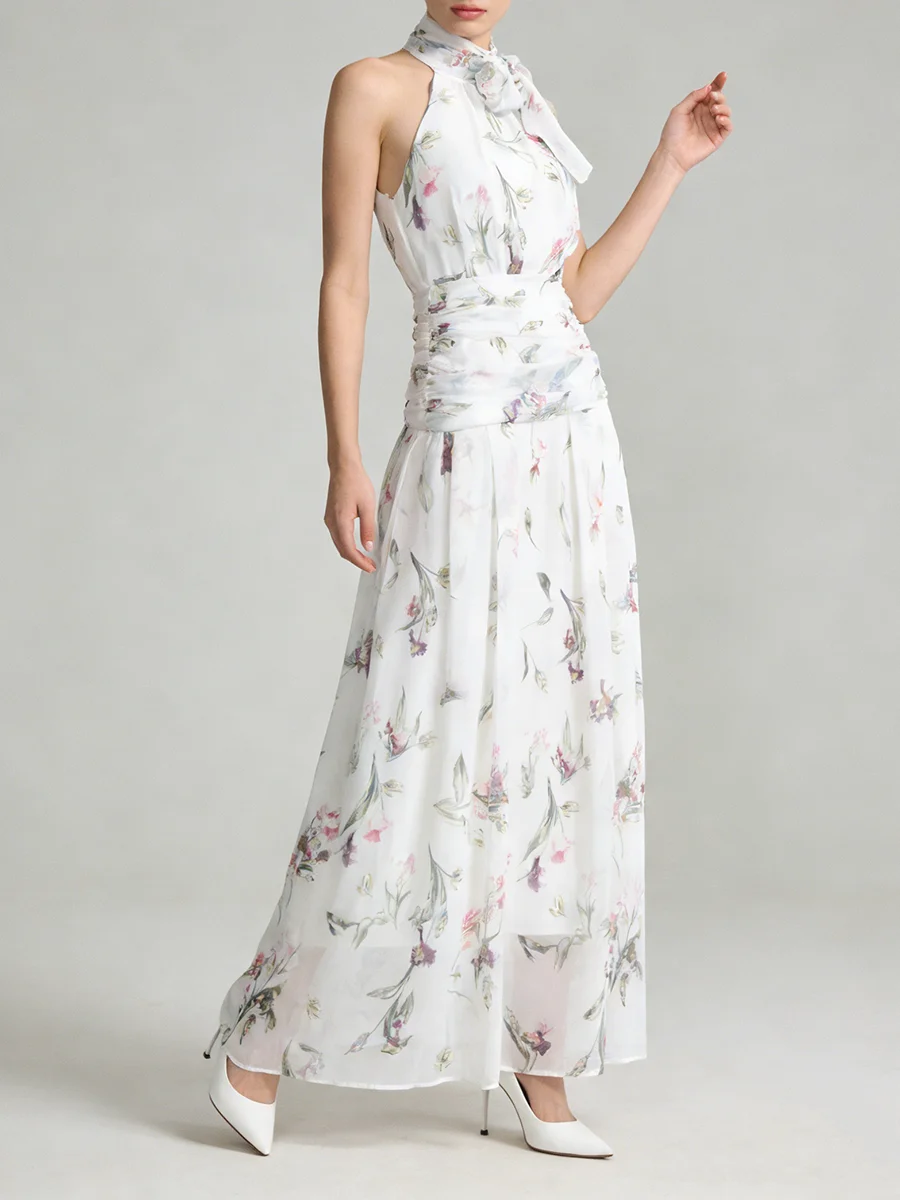 TWOTWINSTYLE Printing Slimming Spliced Bowknot Long Dress for Women High Neck Sleeveless Tunic Patchwork Folds Dresses Female