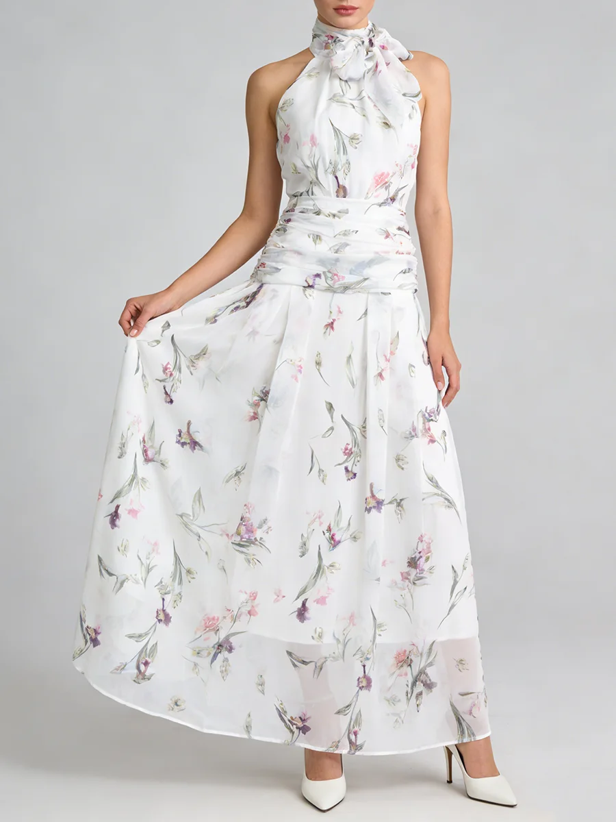 TWOTWINSTYLE Printing Slimming Spliced Bowknot Long Dress for Women High Neck Sleeveless Tunic Patchwork Folds Dresses Female