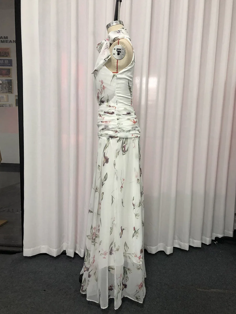 TWOTWINSTYLE Printing Slimming Spliced Bowknot Long Dress for Women High Neck Sleeveless Tunic Patchwork Folds Dresses Female