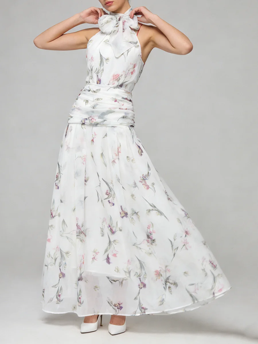 TWOTWINSTYLE Printing Slimming Spliced Bowknot Long Dress for Women High Neck Sleeveless Tunic Patchwork Folds Dresses Female