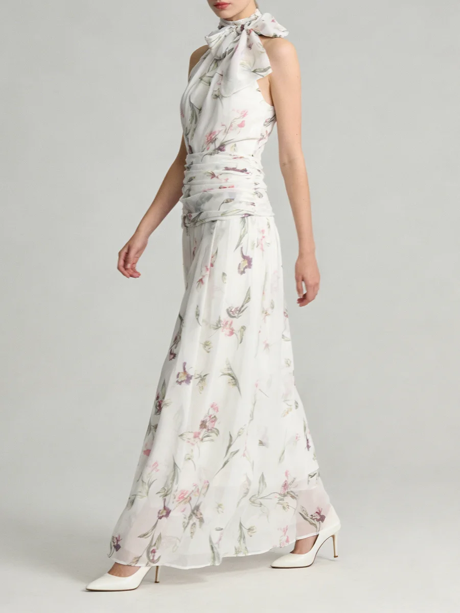 TWOTWINSTYLE Printing Slimming Spliced Bowknot Long Dress for Women High Neck Sleeveless Tunic Patchwork Folds Dresses Female