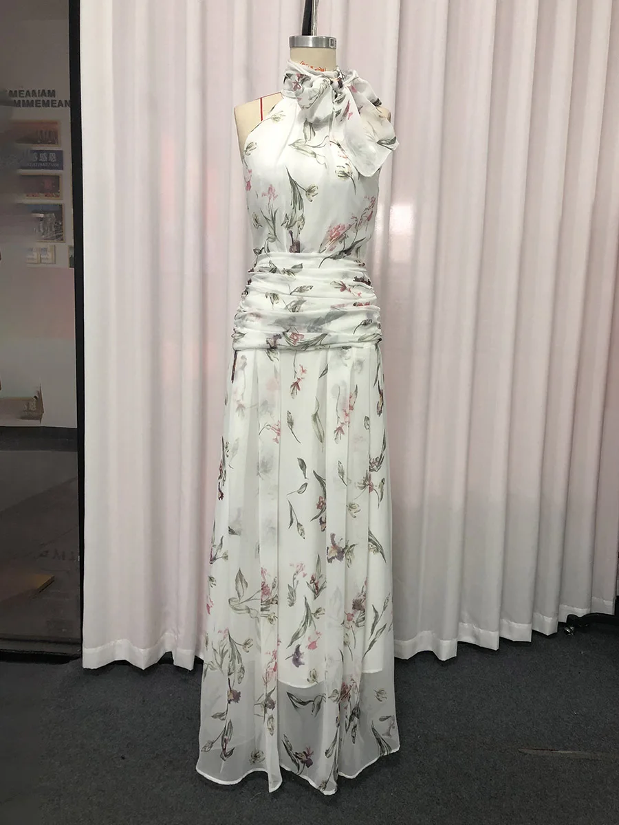 TWOTWINSTYLE Printing Slimming Spliced Bowknot Long Dress for Women High Neck Sleeveless Tunic Patchwork Folds Dresses Female