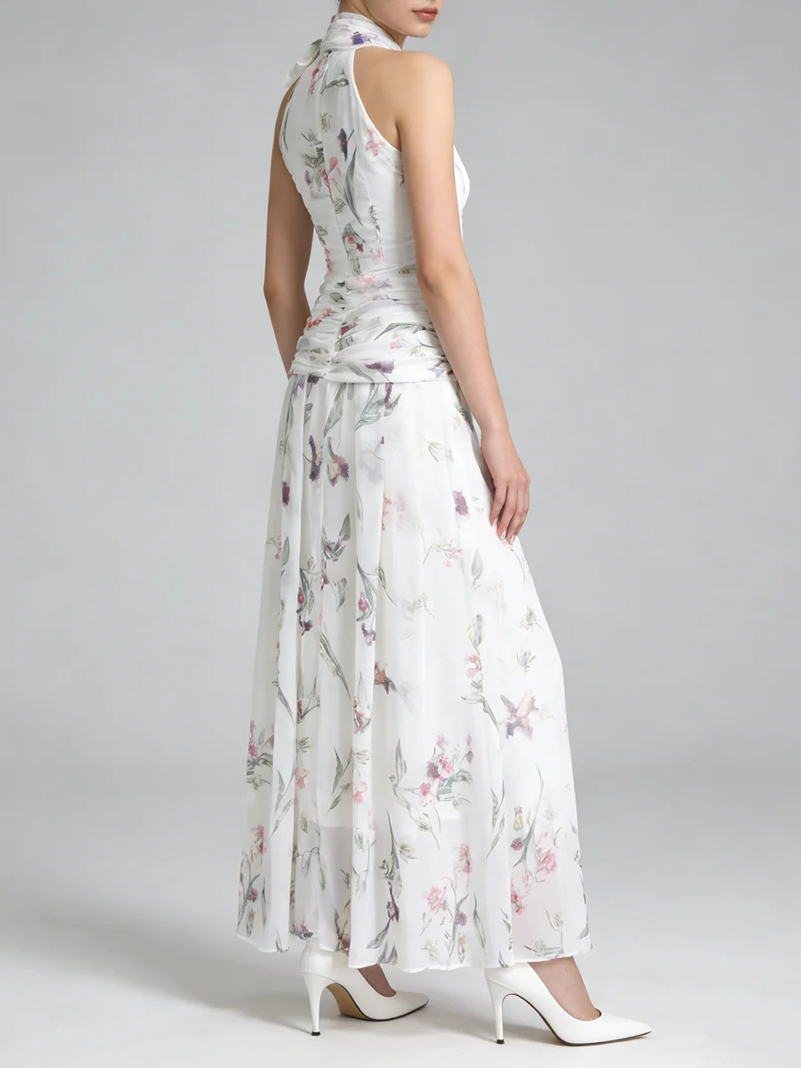 TWOTWINSTYLE Printing Slimming Spliced Bowknot Long Dress for Women High Neck Sleeveless Tunic Patchwork Folds Dresses Female