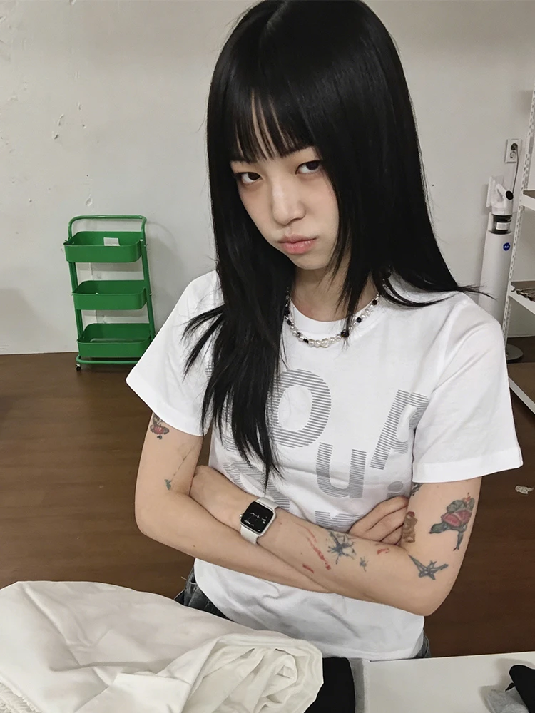 Tonngirls Korean Style T-shirt Women Short Sleeve Print Graphic Tops Japanese 2000s Y2k Vintage Graphic Tops Streetwear Tshirts