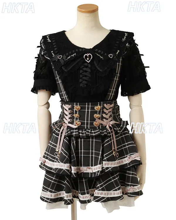 Liz Suspender Skirt 2026 Spring New Fashion Plaid Skirts Sweet Japanese Style Girls Heart Buttons Pleated Short Skirt for Women