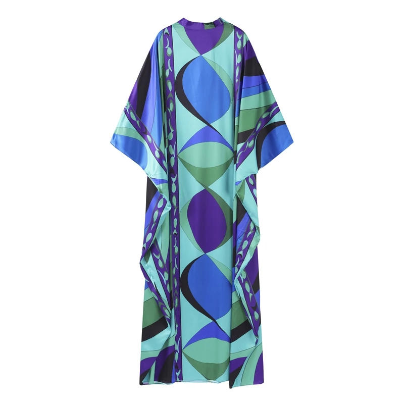Casual Vacation Long Puff Sleeve V-neck Beach Dresses Fashion Printed Oversize Maxi Dress Women Lady Summer Bohemia Party Robes