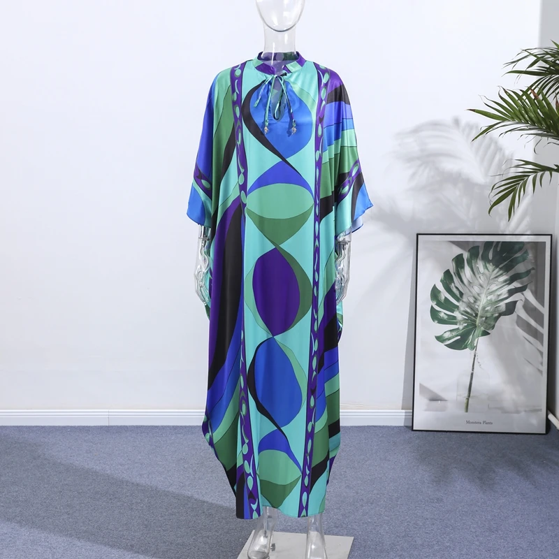 Casual Vacation Long Puff Sleeve V-neck Beach Dresses Fashion Printed Oversize Maxi Dress Women Lady Summer Bohemia Party Robes