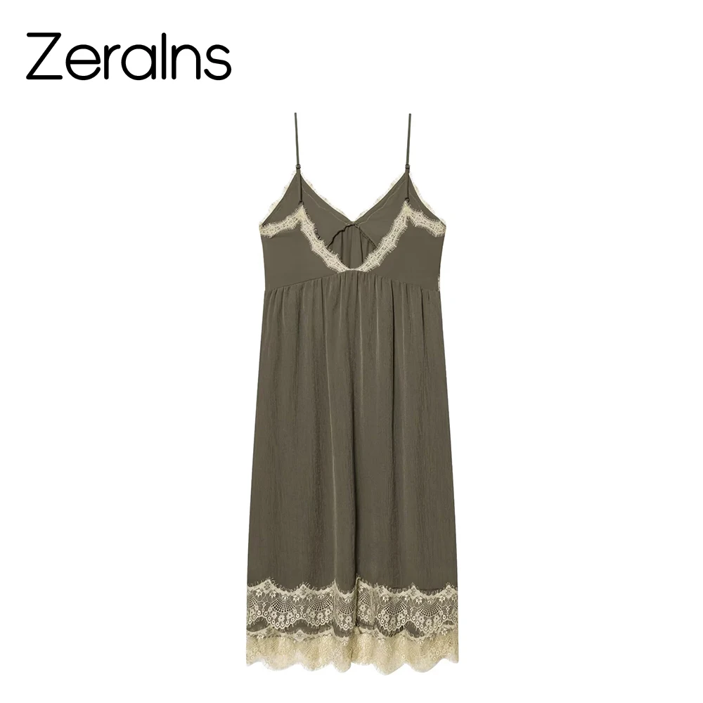 ZERAINS 2026 Spring/Summer New Product Women's V-neck Strap Contrast Splicing Lace Underwear Style Medium length Dress