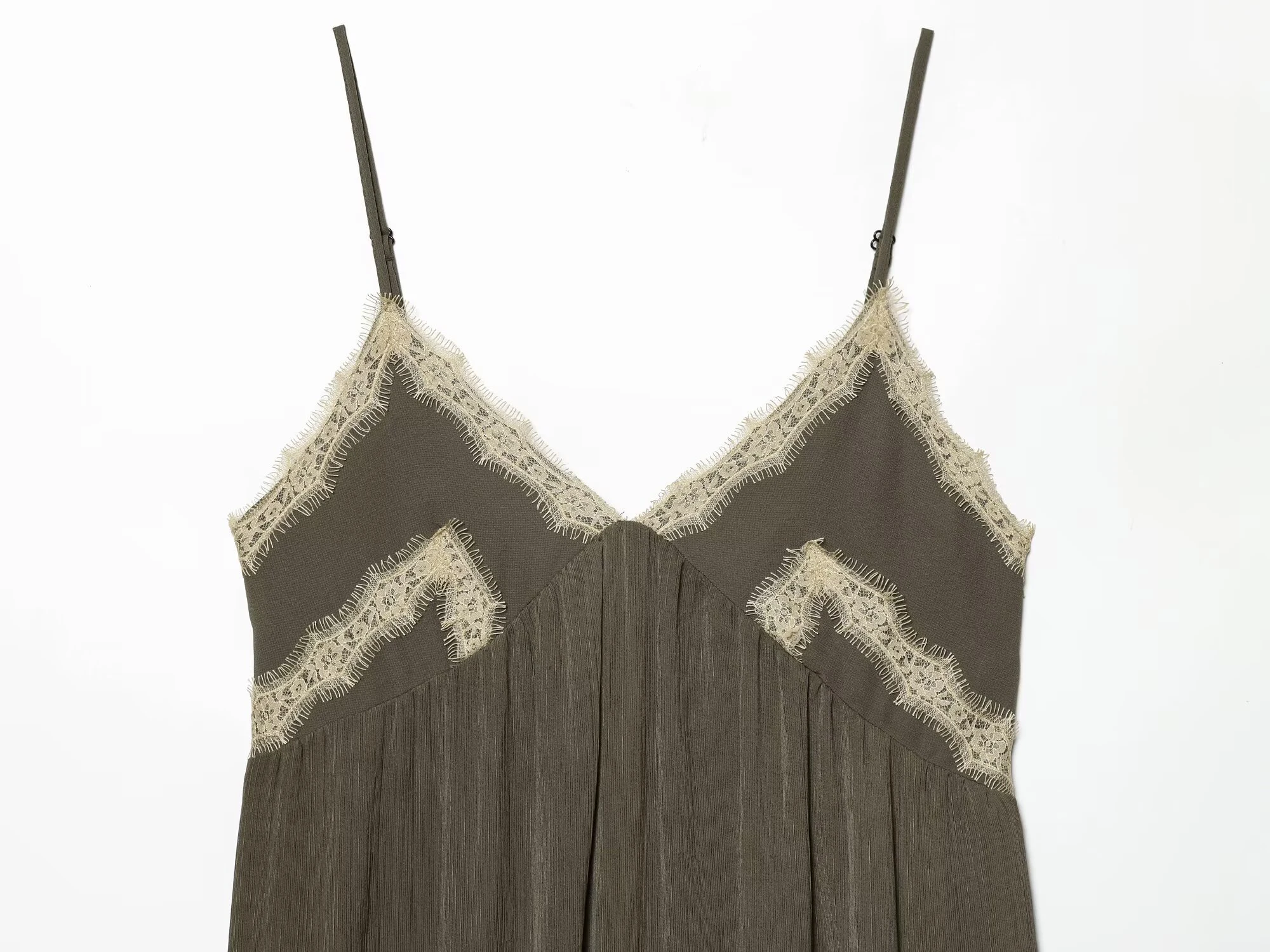 ZERAINS 2026 Spring/Summer New Product Women's V-neck Strap Contrast Splicing Lace Underwear Style Medium length Dress