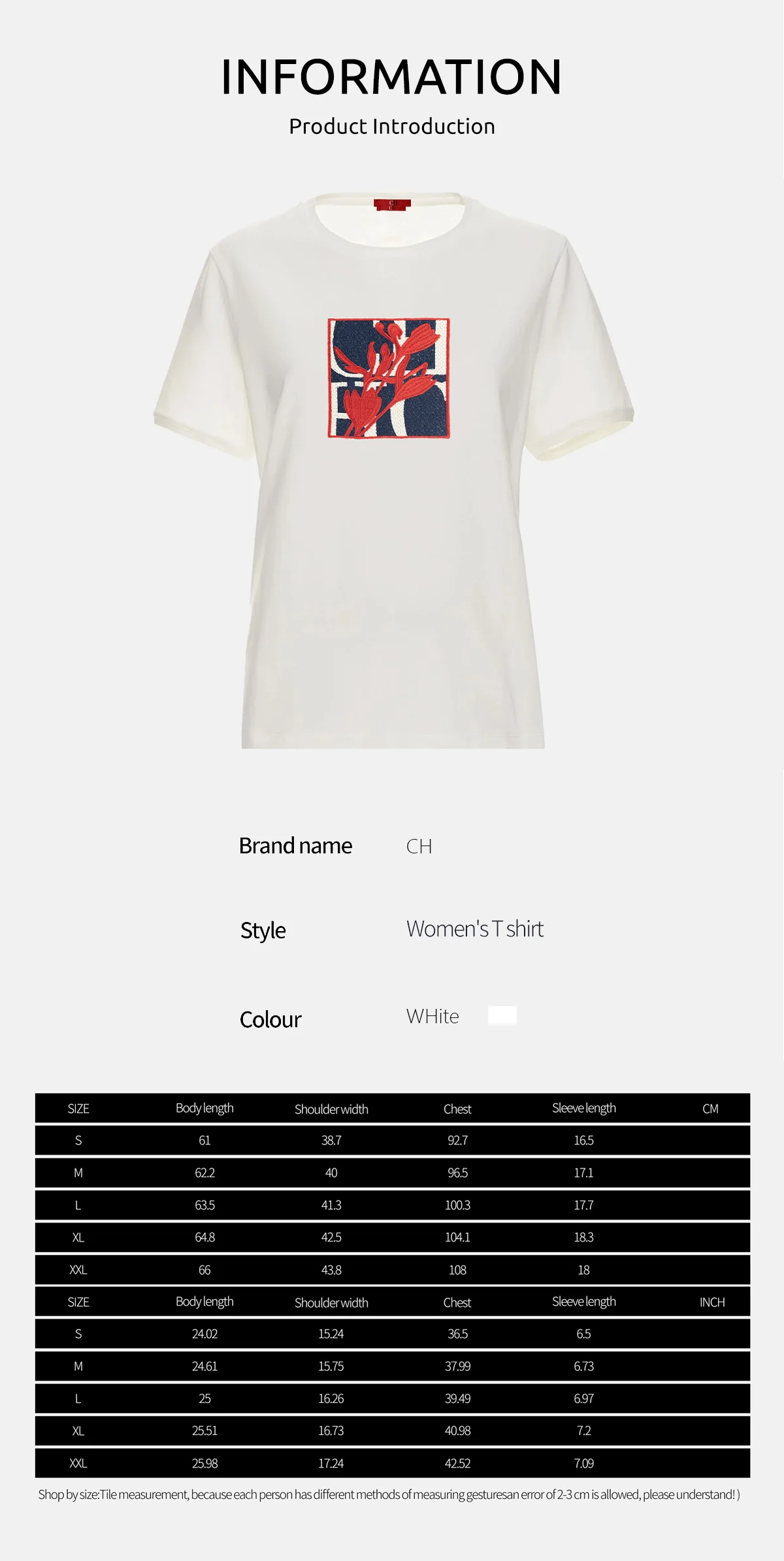 CH Women's Short-Sleeved T-Shirt, with a Round Neckline and Featuring a Red Floral embroidery Design, a Casual Everyday Top