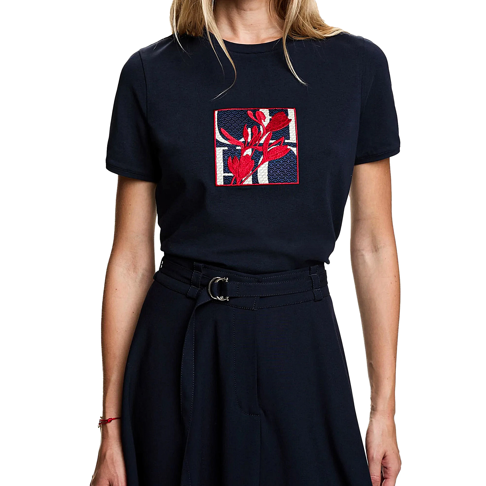 CH Women's Short-Sleeved T-Shirt, with a Round Neckline and Featuring a Red Floral embroidery Design, a Casual Everyday Top