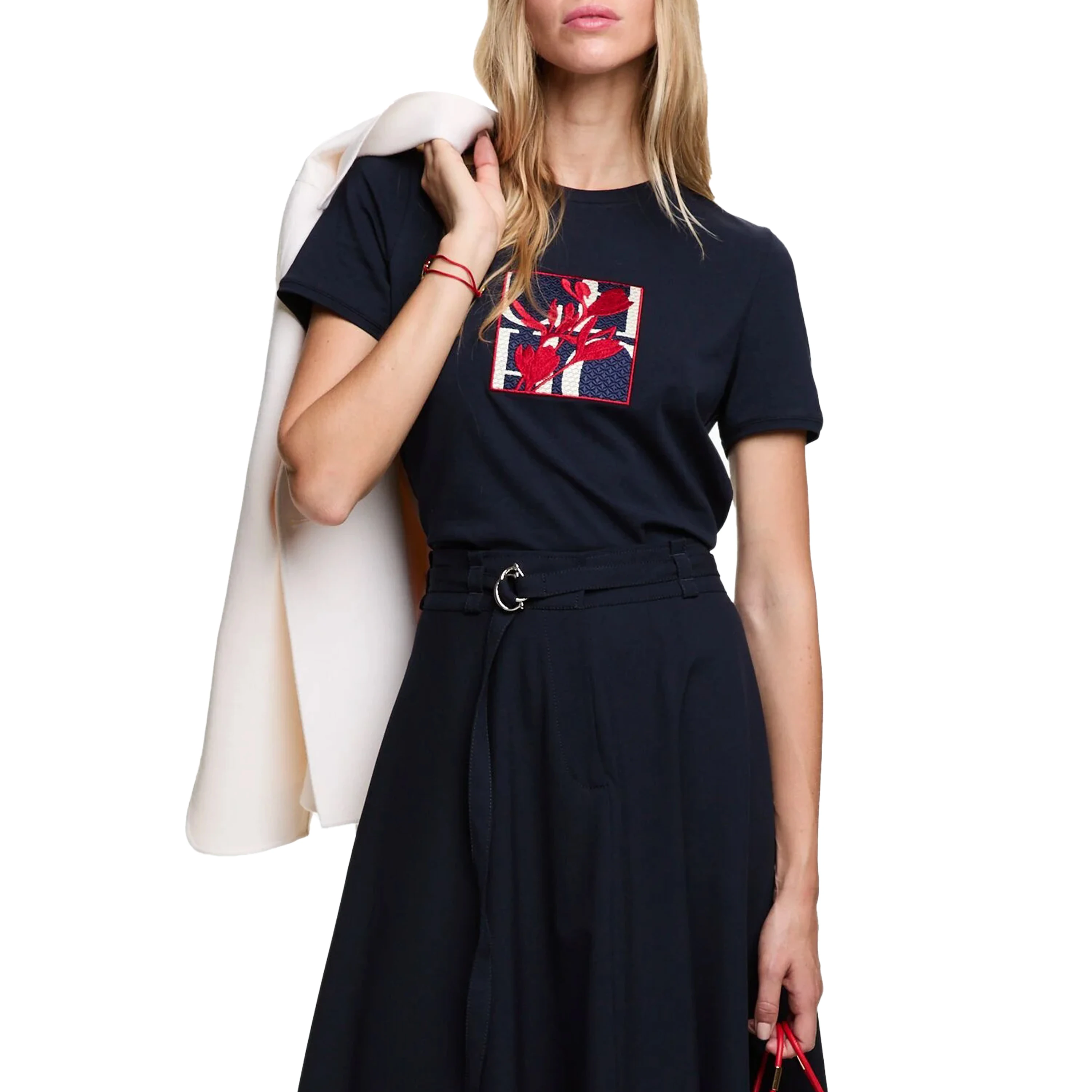 CH Women's Short-Sleeved T-Shirt, with a Round Neckline and Featuring a Red Floral embroidery Design, a Casual Everyday Top