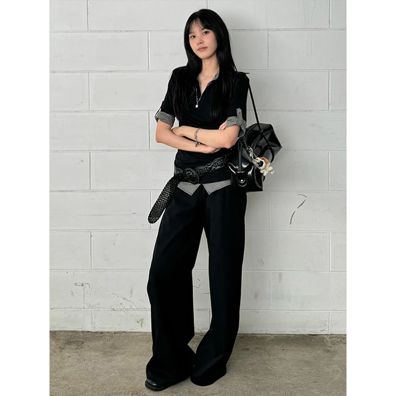 Genayooa American Retro Patchwork Shirt Women Half Sleeve Casual Shirts Y2k Vintage Fake Two Pieces Tops Japanese 2000s Tee Tops