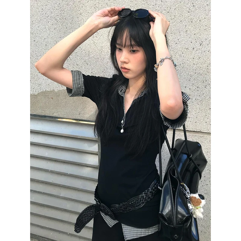 Genayooa American Retro Patchwork Shirt Women Half Sleeve Casual Shirts Y2k Vintage Fake Two Pieces Tops Japanese 2000s Tee Tops