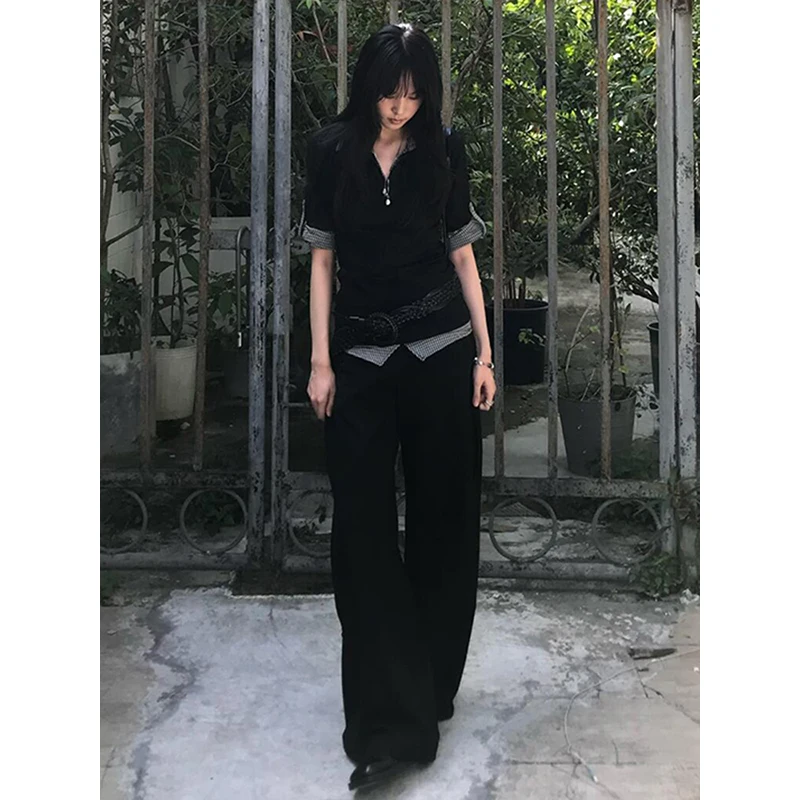 Genayooa American Retro Patchwork Shirt Women Half Sleeve Casual Shirts Y2k Vintage Fake Two Pieces Tops Japanese 2000s Tee Tops