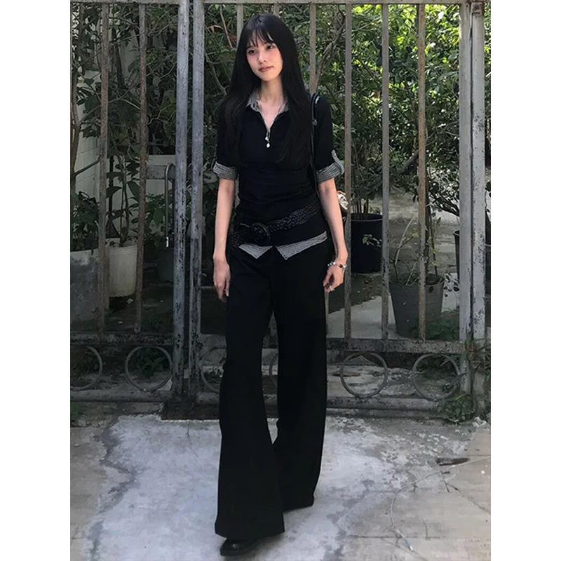 Genayooa American Retro Patchwork Shirt Women Half Sleeve Casual Shirts Y2k Vintage Fake Two Pieces Tops Japanese 2000s Tee Tops