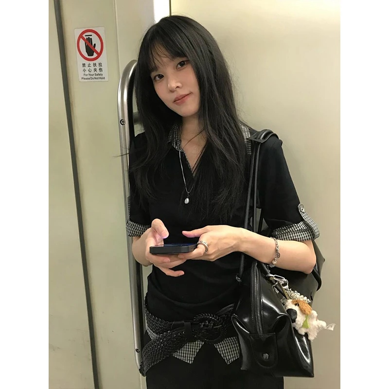 Genayooa American Retro Patchwork Shirt Women Half Sleeve Casual Shirts Y2k Vintage Fake Two Pieces Tops Japanese 2000s Tee Tops