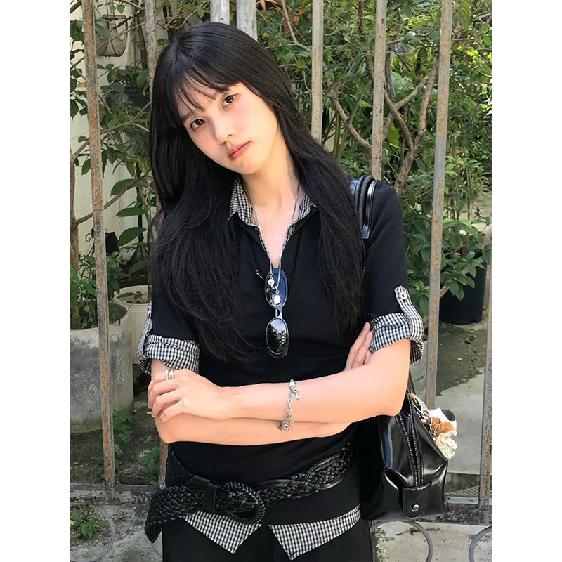 Genayooa American Retro Patchwork Shirt Women Half Sleeve Casual Shirts Y2k Vintage Fake Two Pieces Tops Japanese 2000s Tee Tops