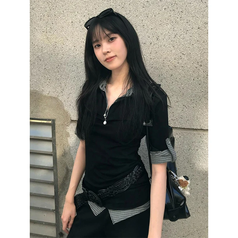 Genayooa American Retro Patchwork Shirt Women Half Sleeve Casual Shirts Y2k Vintage Fake Two Pieces Tops Japanese 2000s Tee Tops
