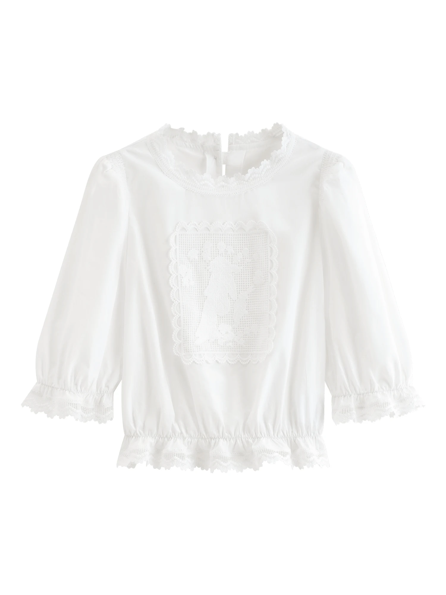 FSLE French Retro Puff Short Sleeve Round Neck Blouse for Women Summer Elegant Ins Chic Cropped Tops Cotton White