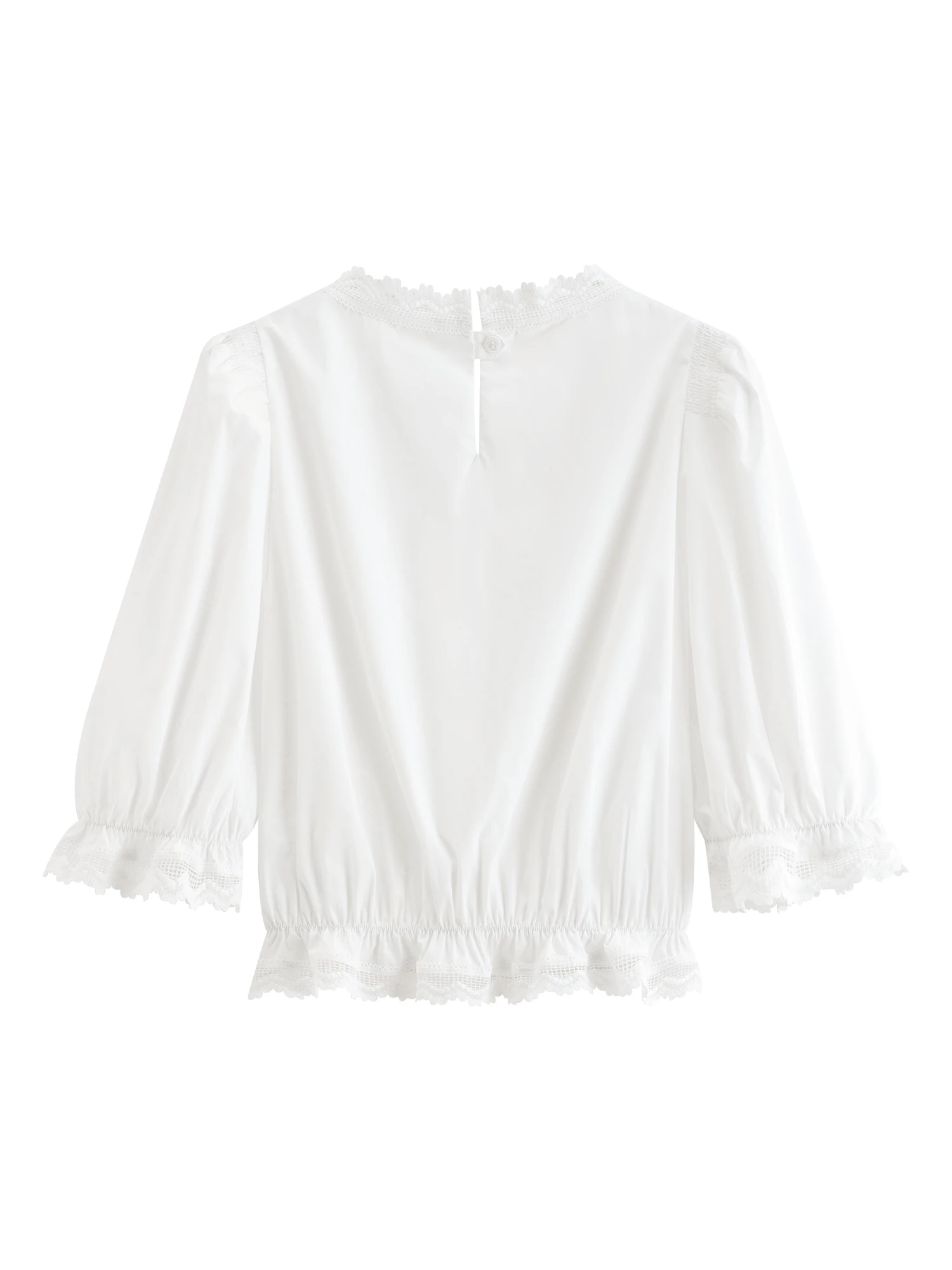 FSLE French Retro Puff Short Sleeve Round Neck Blouse for Women Summer Elegant Ins Chic Cropped Tops Cotton White