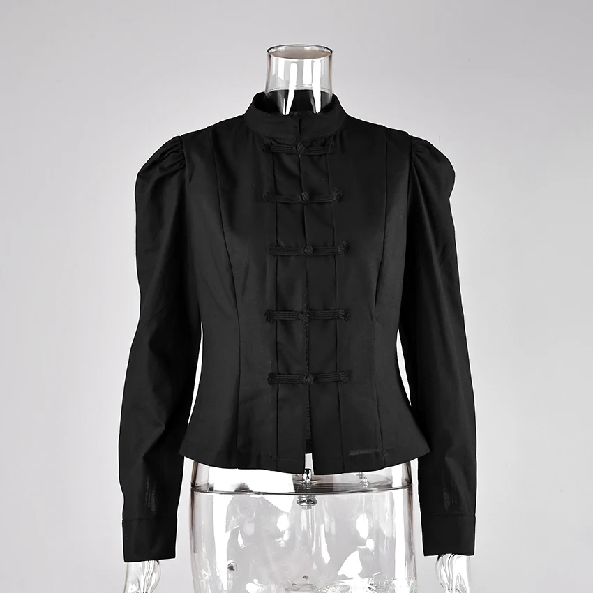 Linad Chinese Style White Print Stand Collar Shirts Female 2026 Vintage Black Puff Sleeve Blouse Women Street Chic Button Up Top