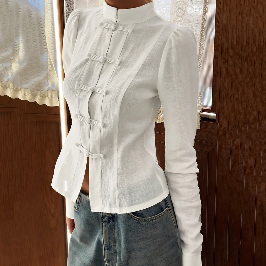 Linad Chinese Style White Print Stand Collar Shirts Female 2026 Vintage Black Puff Sleeve Blouse Women Street Chic Button Up Top