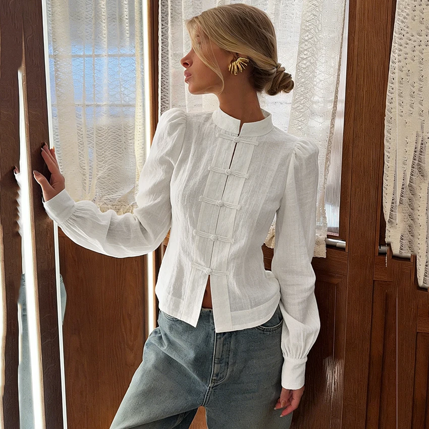 Linad Chinese Style White Print Stand Collar Shirts Female 2026 Vintage Black Puff Sleeve Blouse Women Street Chic Button Up Top