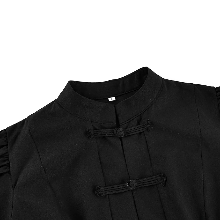 Linad Chinese Style White Print Stand Collar Shirts Female 2026 Vintage Black Puff Sleeve Blouse Women Street Chic Button Up Top